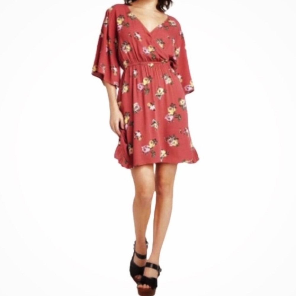 Xhilaration Rust Multicolor Floral Rosewood Print Elbow Sleeve Wrap Dress, M
